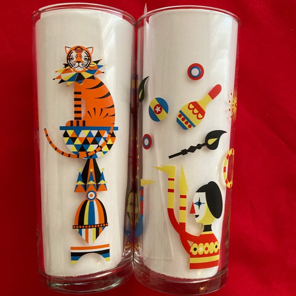VTG MCM Libbey Circus Glasses : Juggler Clowns + Tigers  Ex Cond! 🤡 🎪🐯 - Picture 2 of 8